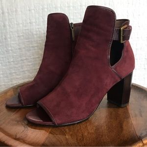 Donald J Pliner Itara Burgundy Wine Leather Buckle Open Toe Heel Ankle Booties
